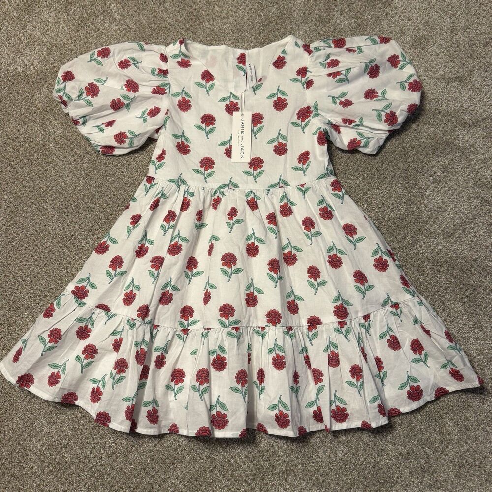 Janie and Jack Girls Red Green Floral Puff Sleeve Tiered Dress NWT Size 5